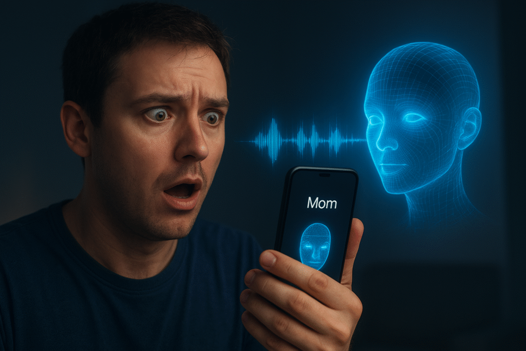 Man shocked by an AI-generated holographic face and voice clone appearing from his smartphone screen during a scam call.