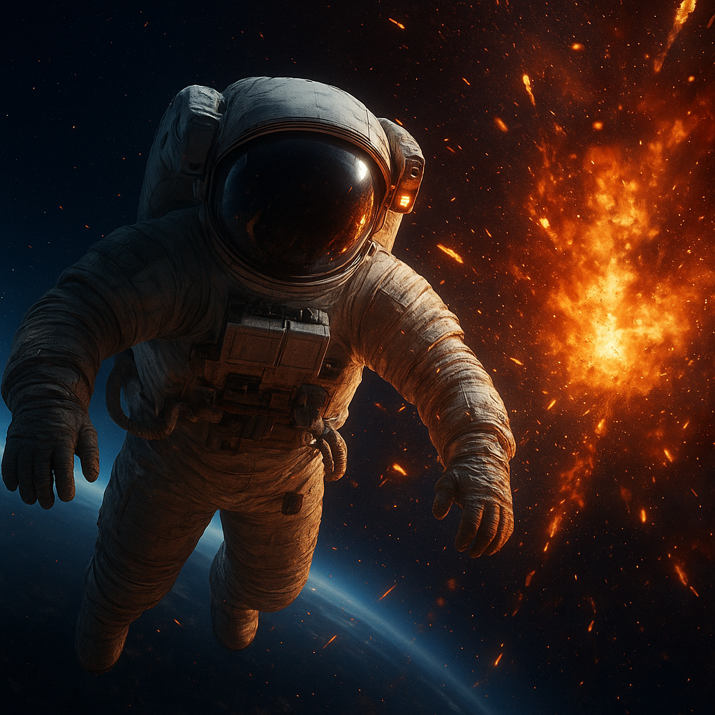 A distressed astronaut floating in space near fiery explosions, representing the fake oxygen emergency from online romance scams.
