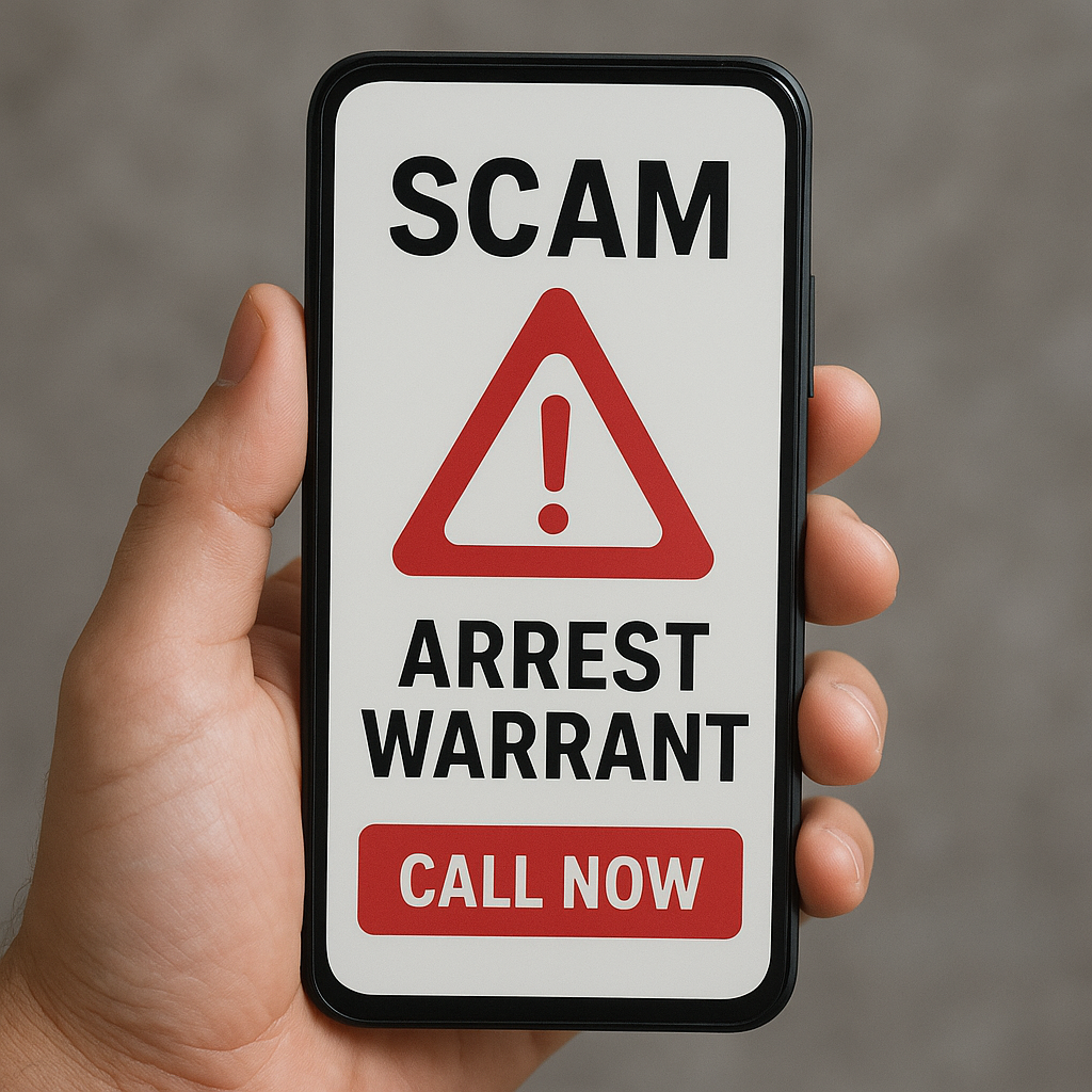 A person holding a smartphone showing a warning message that reads “SCAM ARREST WARRANT CALL NOW,” highlighting a digital arrest scam alert.