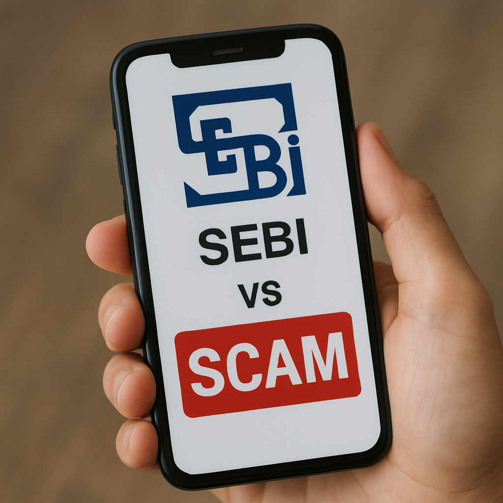 A smartphone screen showing the SEBI logo with the text “SEBI vs SCAM” in bold letters, held in a person’s hand.