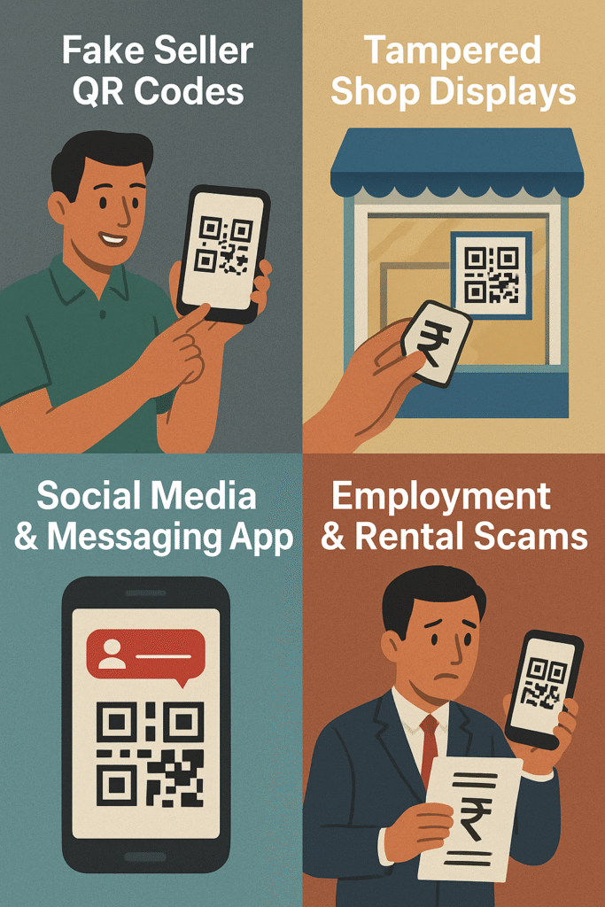 Infographic showing four common UPI QR code scams: fake seller QR codes, tampered shop displays, social media and messaging app scams, and employment or rental scams.