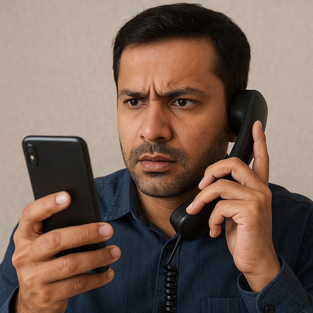 Concerned man holding a smartphone and landline handset, representing a person receiving a suspicious scam call from someone pretending to be from an official organization.