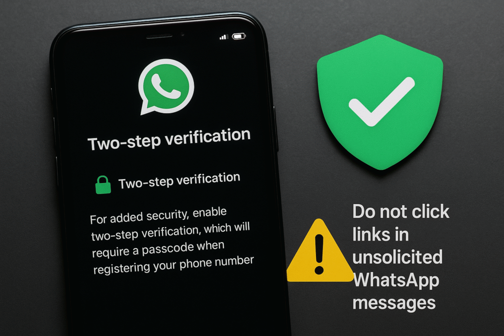 Smartphone showing WhatsApp’s two-step verification screen with a green shield icon and warning about avoiding suspicious links.