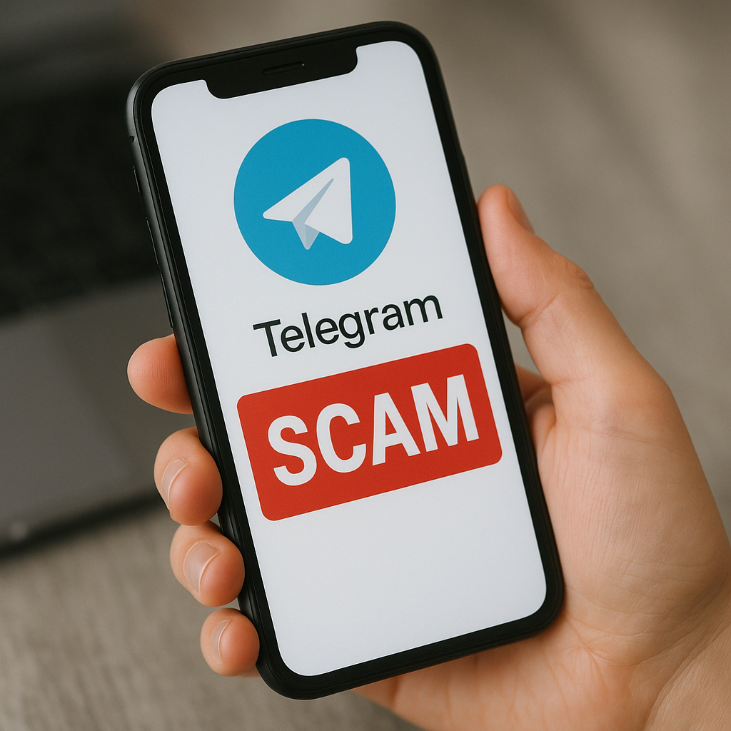 A smartphone screen showing the Telegram logo and a bold red “SCAM” warning, held in a person’s hand.