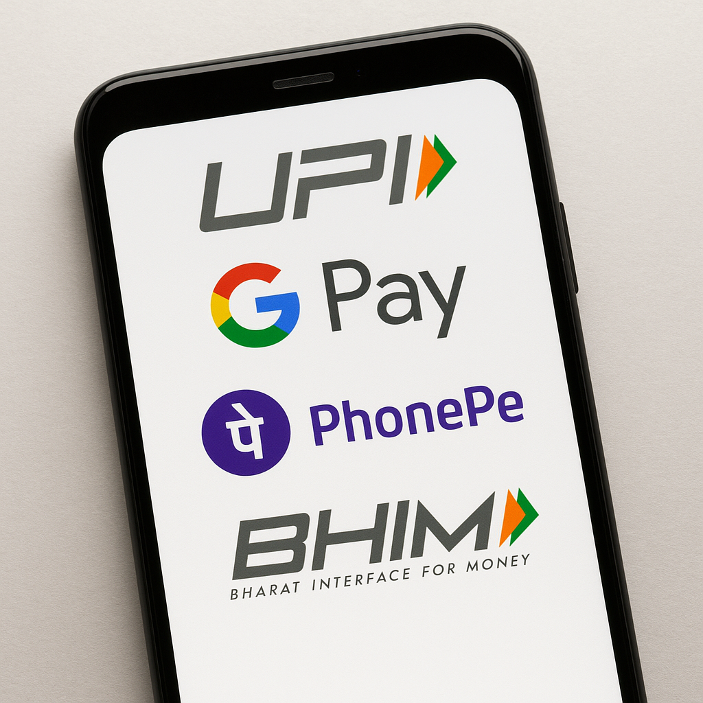 A smartphone screen displaying the logos of UPI, Google Pay, PhonePe, and BHIM apps, representing India’s leading digital payment platforms.