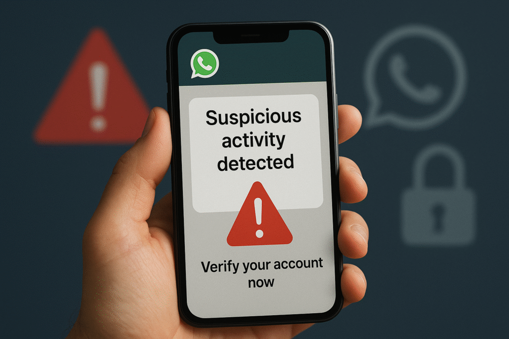 “Smartphone displaying WhatsApp scam warning message about suspicious activity with red alert and security icons in the background.”