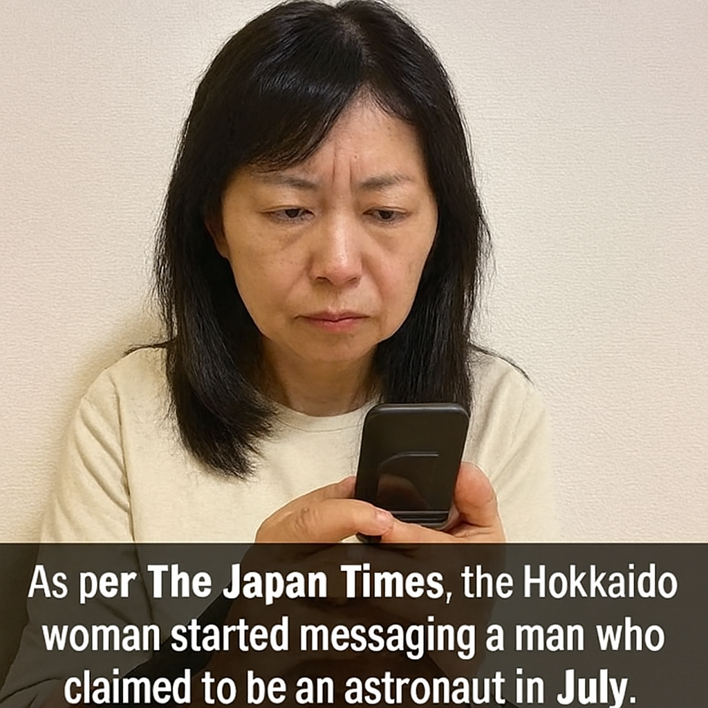 Middle-aged Japanese woman with black shoulder-length hair, wearing a beige shirt, looks intently at her flip-style smartphone indoors against a plain wall.