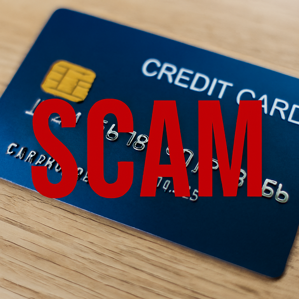 Close-up of a blue credit card with the word “SCAM” in bold red letters across it, lying on a wooden surface.