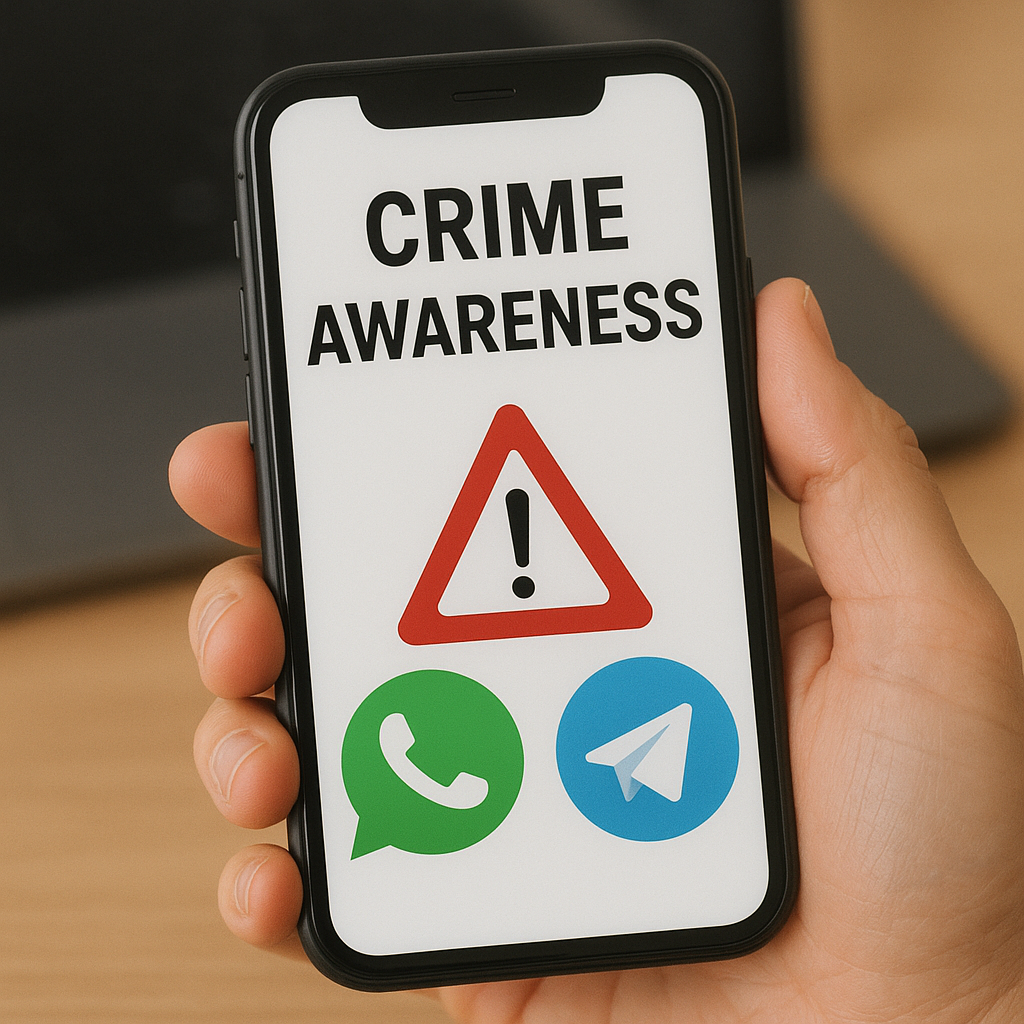 A smartphone screen showing “Crime Awareness” with warning icons and WhatsApp and Telegram logos, held in a person’s hand.
