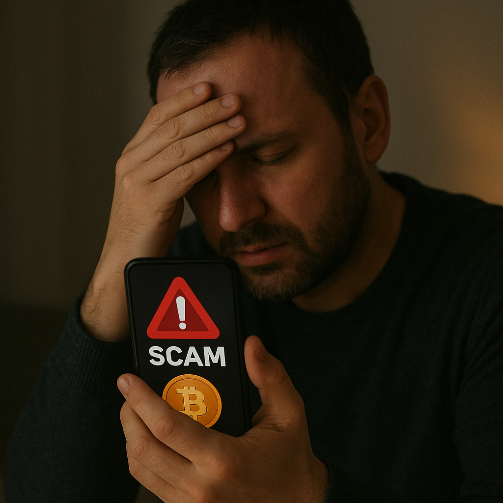 Worried man holding a smartphone showing a red warning sign with the word “Scam” and a Bitcoin symbol, representing cryptocurrency fraud.