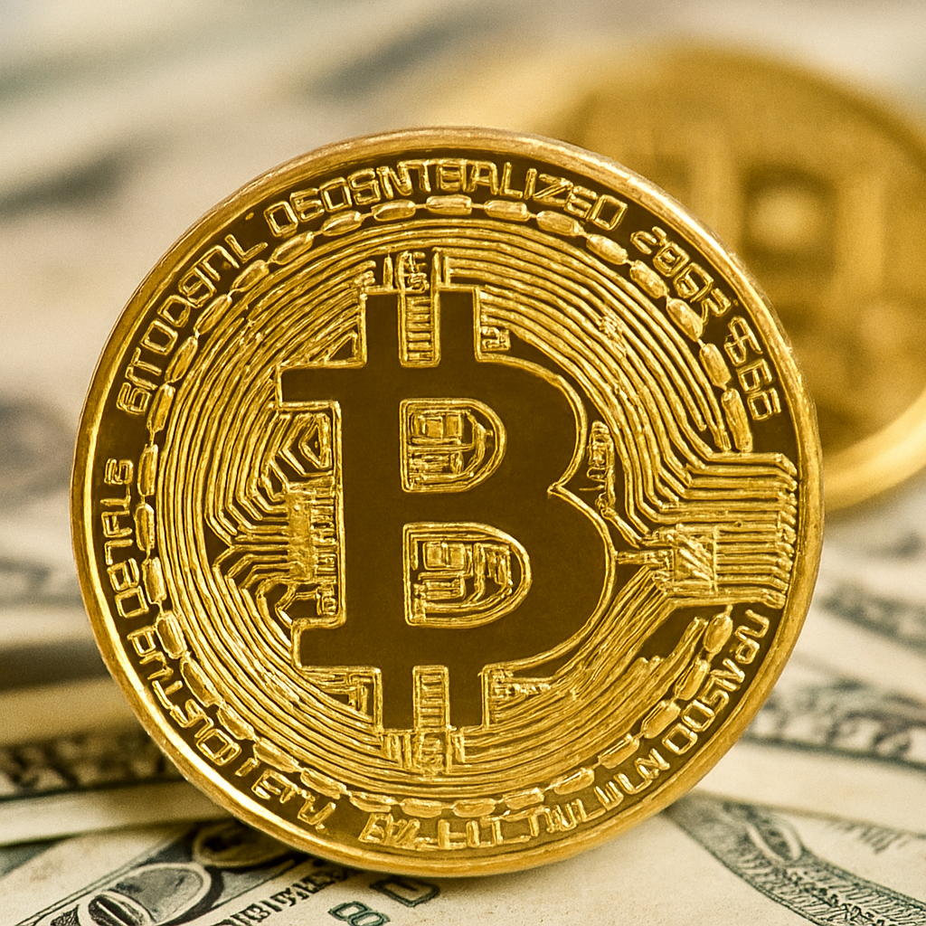 Close-up of a gold Bitcoin coin placed on U.S. dollar bills, with another cryptocurrency coin blurred in the background.