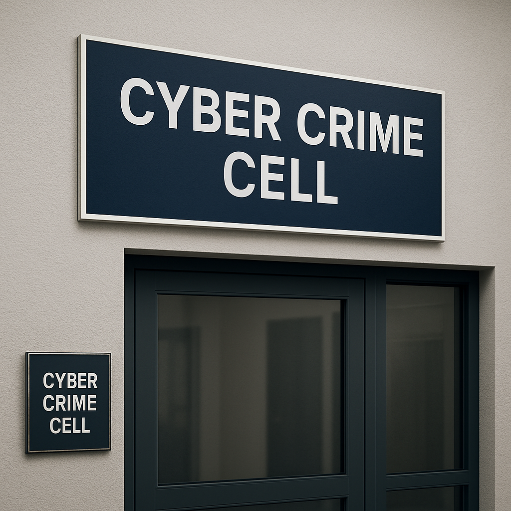 Realistic image of a Cyber Crime Cell office entrance featuring a navy blue sign with white text and glass doors in a government-style building.