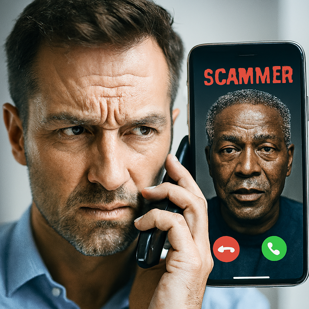 Close-up of a man holding a smartphone showing a video call from a deepfake scammer impersonating someone else; the caller’s face appears realistic but subtly unnatural, while the man looks wary and tense.