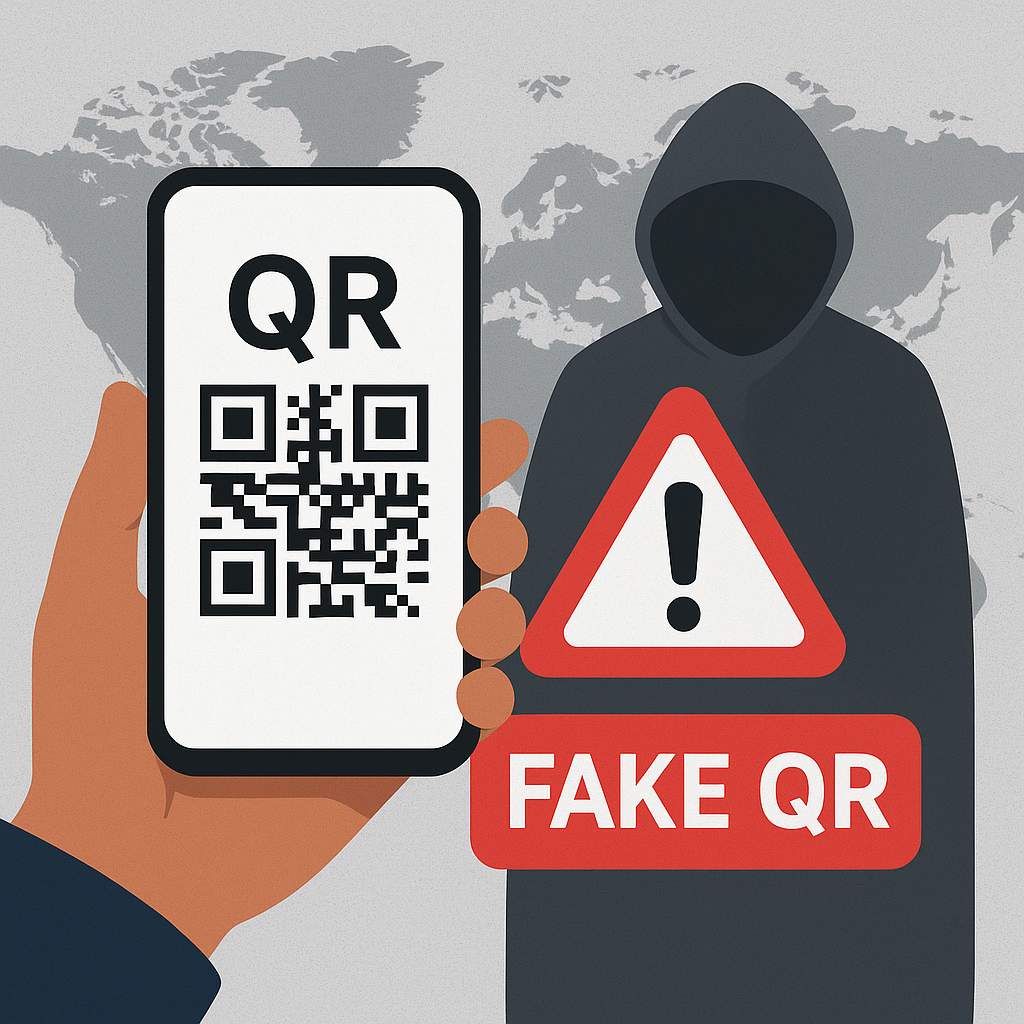 A realistic illustration showing a smartphone displaying a QR code, with a warning sign reading “Fake QR” and a hooded cybercriminal in the background, symbolizing digital payment scams in India.