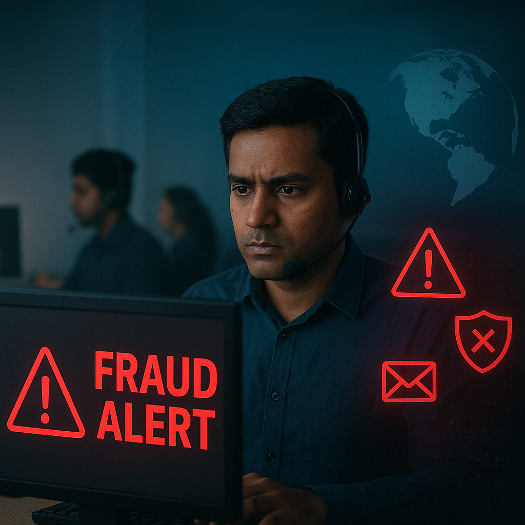 A realistic office scene showing a scam call centre worker in Mumbai with computer screens flashing red “Fraud Alert” messages and digital cybersecurity icons.
