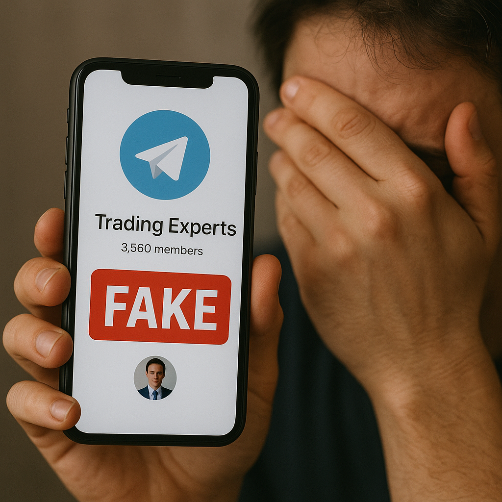 A distressed person covering their face while holding a smartphone showing a fake Telegram trading group with a bold red “FAKE” label on the screen.