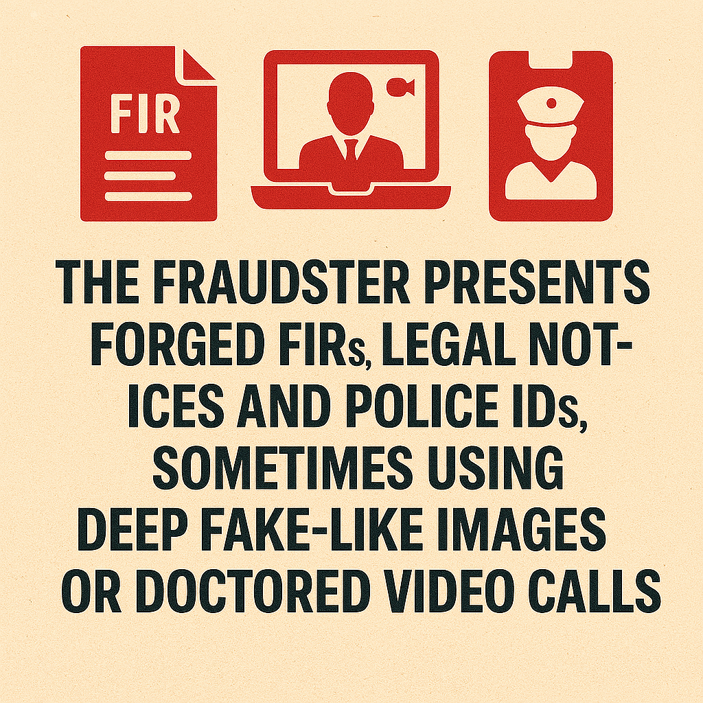 Infographic with red icons on a beige background showing a forged FIR document, a doctored video call with a suited figure, and a fake police ID card, accompanied by bold black warning text.