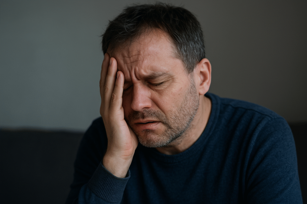 Middle-aged man holding his head in his hand, showing stress and emotional pain after being scammed.