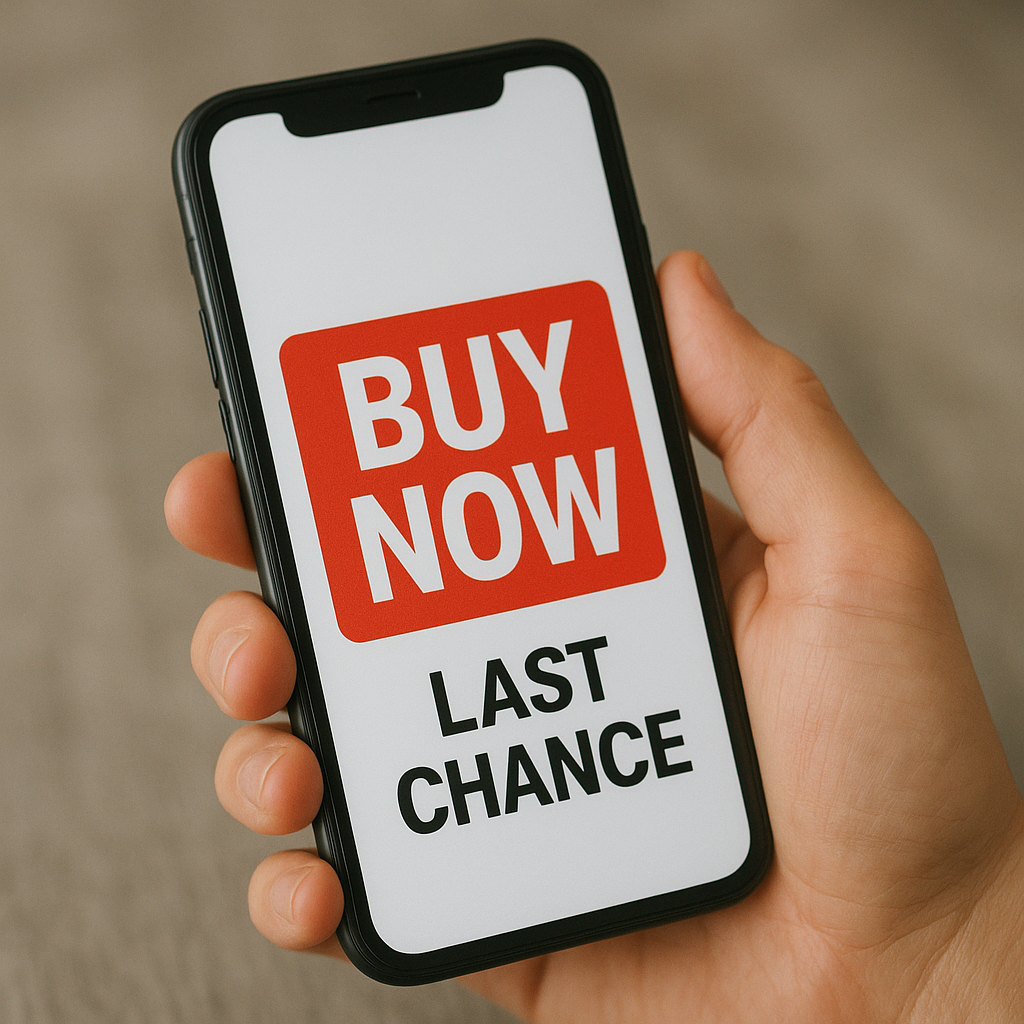 A hand holding a smartphone displaying a bold red “BUY NOW” button with “LAST CHANCE” text below it.