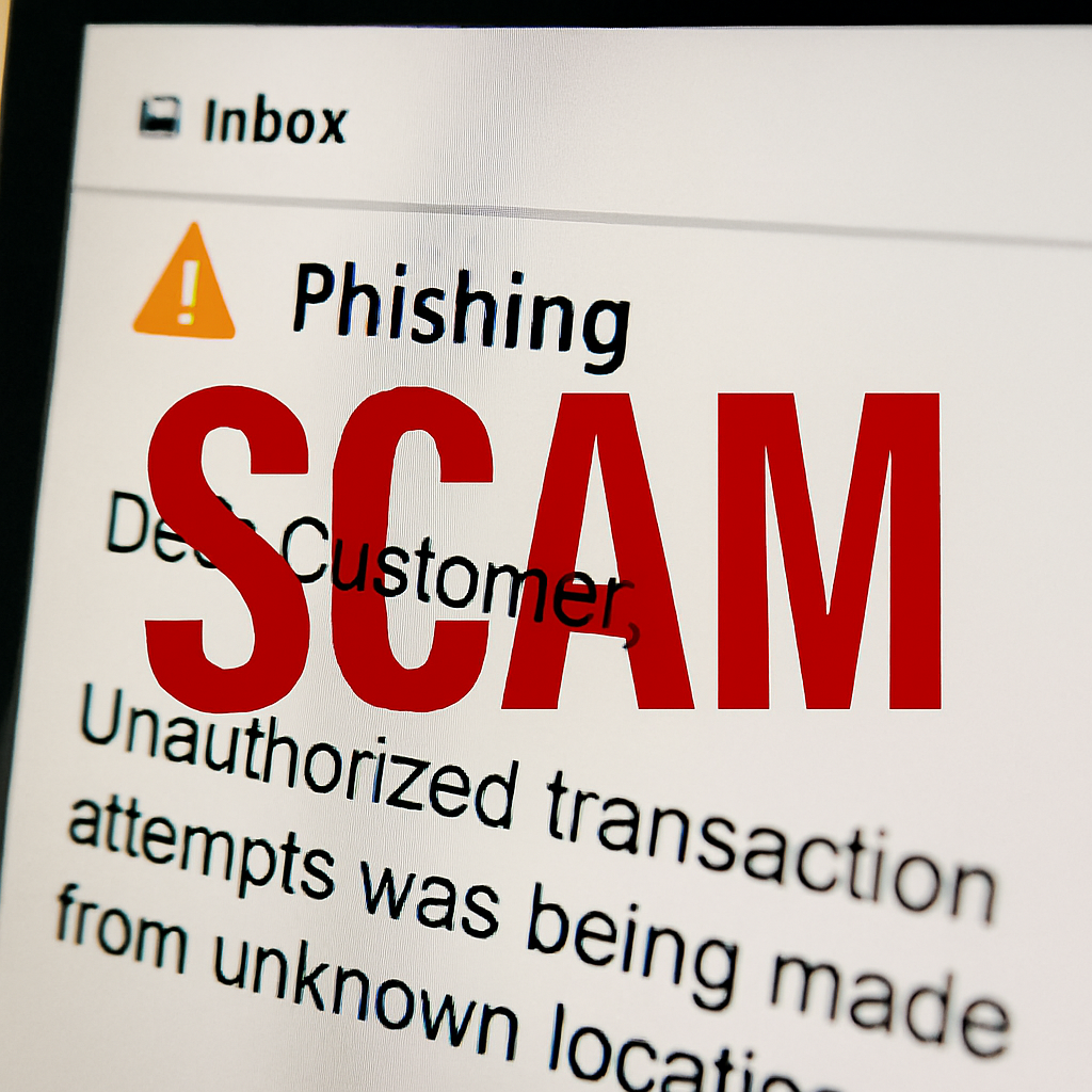 Computer screen showing a phishing email with a red “SCAM” warning overlay and a suspicious message about unauthorized transactions.