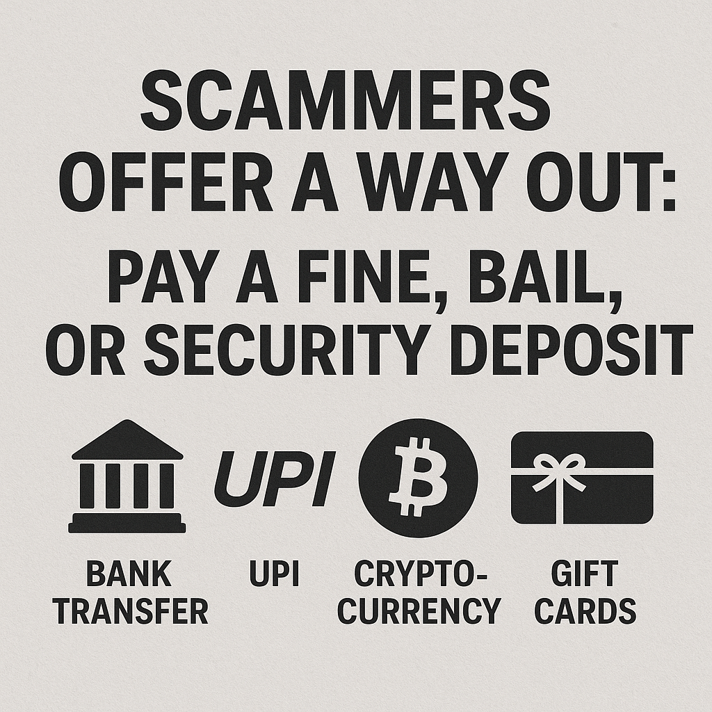 Warning graphic showing scam payment methods including bank transfer, UPI, cryptocurrency, and gift cards, used by fraudsters to demand fake fines or deposits.