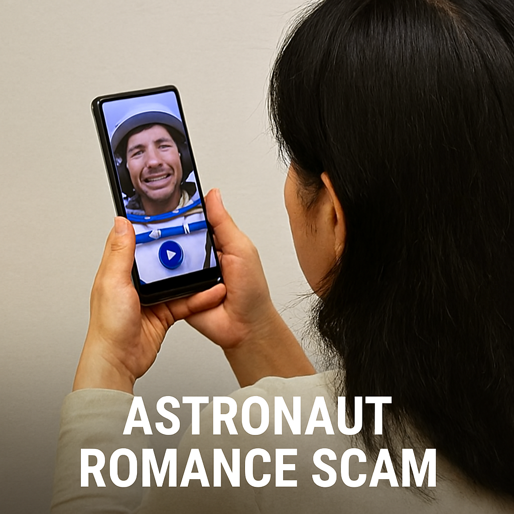 East Asian woman holding a smartphone showing a smiling man in a space suit during a video call, with bold text reading “Astronaut Romance Scam” overlaid on her beige sweater.